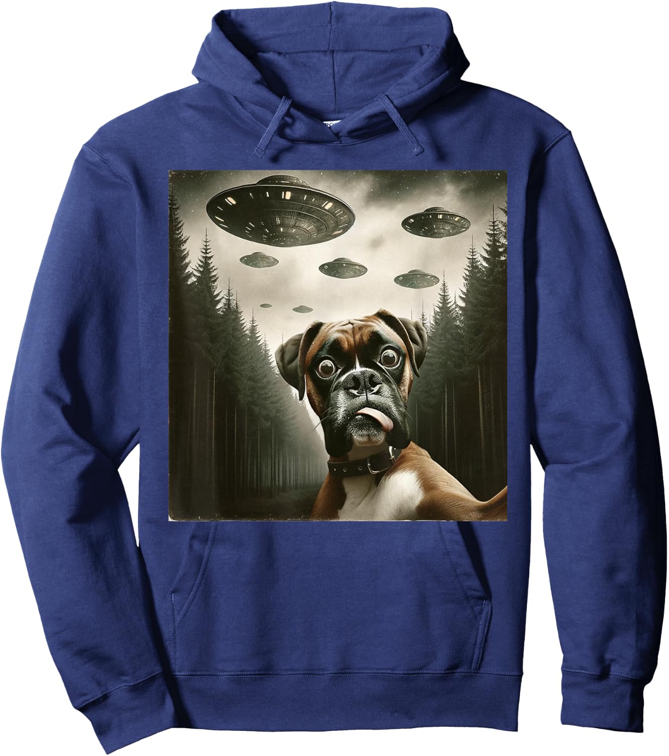 Funny Boxer Dog Selfie with UFOs Alien Dog Hoodie - Hoodie | Navy
