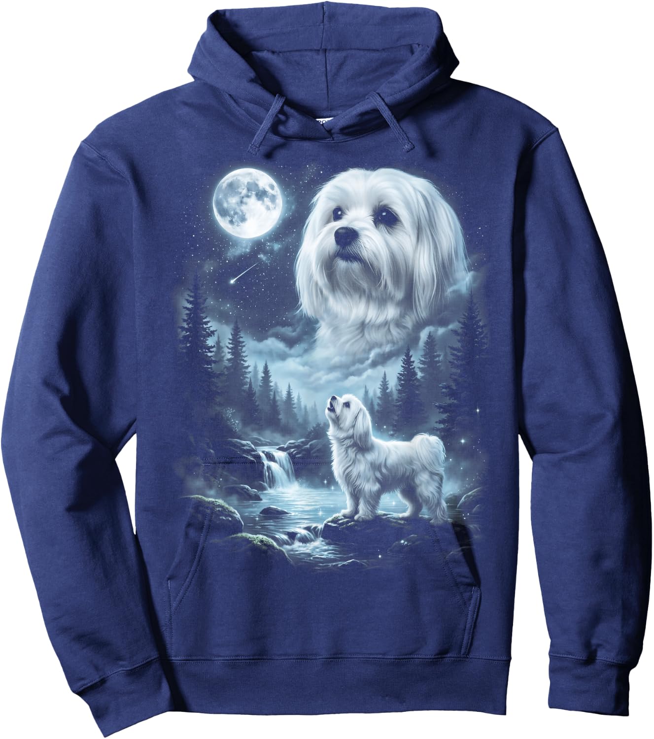 Maltese Howling to the Moon Retro 90's Dog Hoodie - Hoodie | Navy
