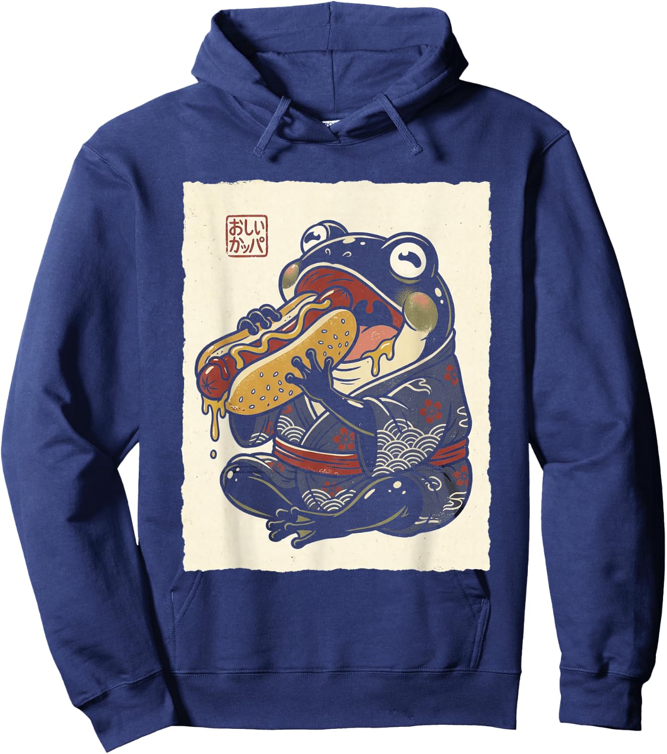 Grumpy Frog Eating Hotdog Japanese Hoodie - Hoodie | Navy