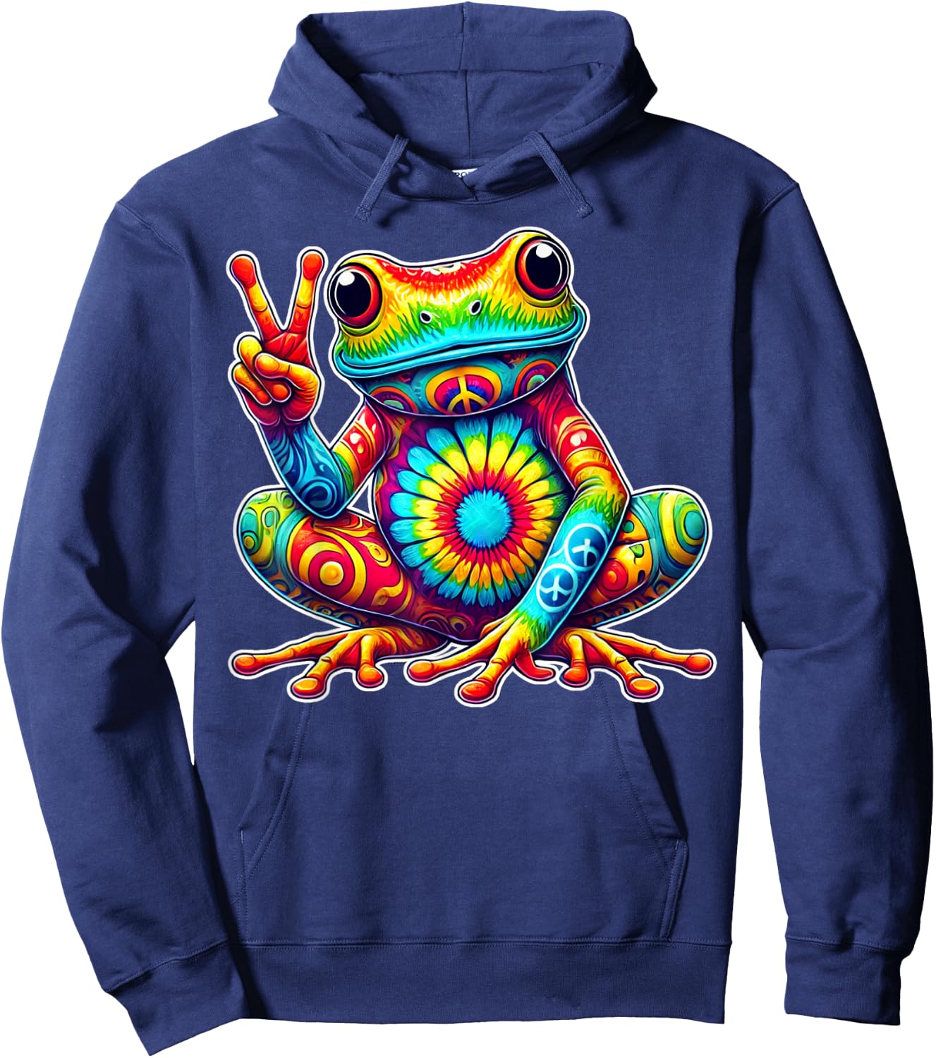 Tie-Dye Frog With Peace Sign Cool Hippie Hoodie - Hoodie | Navy
