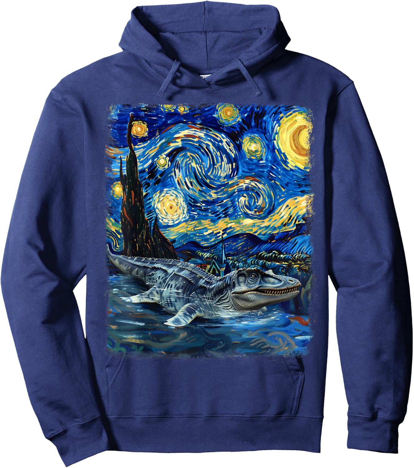 Mosasaurus Dinosaur Starry Night Painting Hoodie - Hoodie | Navy