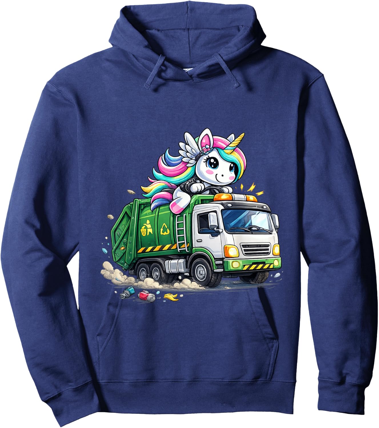 Unicorn Riding Garbage Truck Funny Rainbow Hoodie - Hoodie | Navy