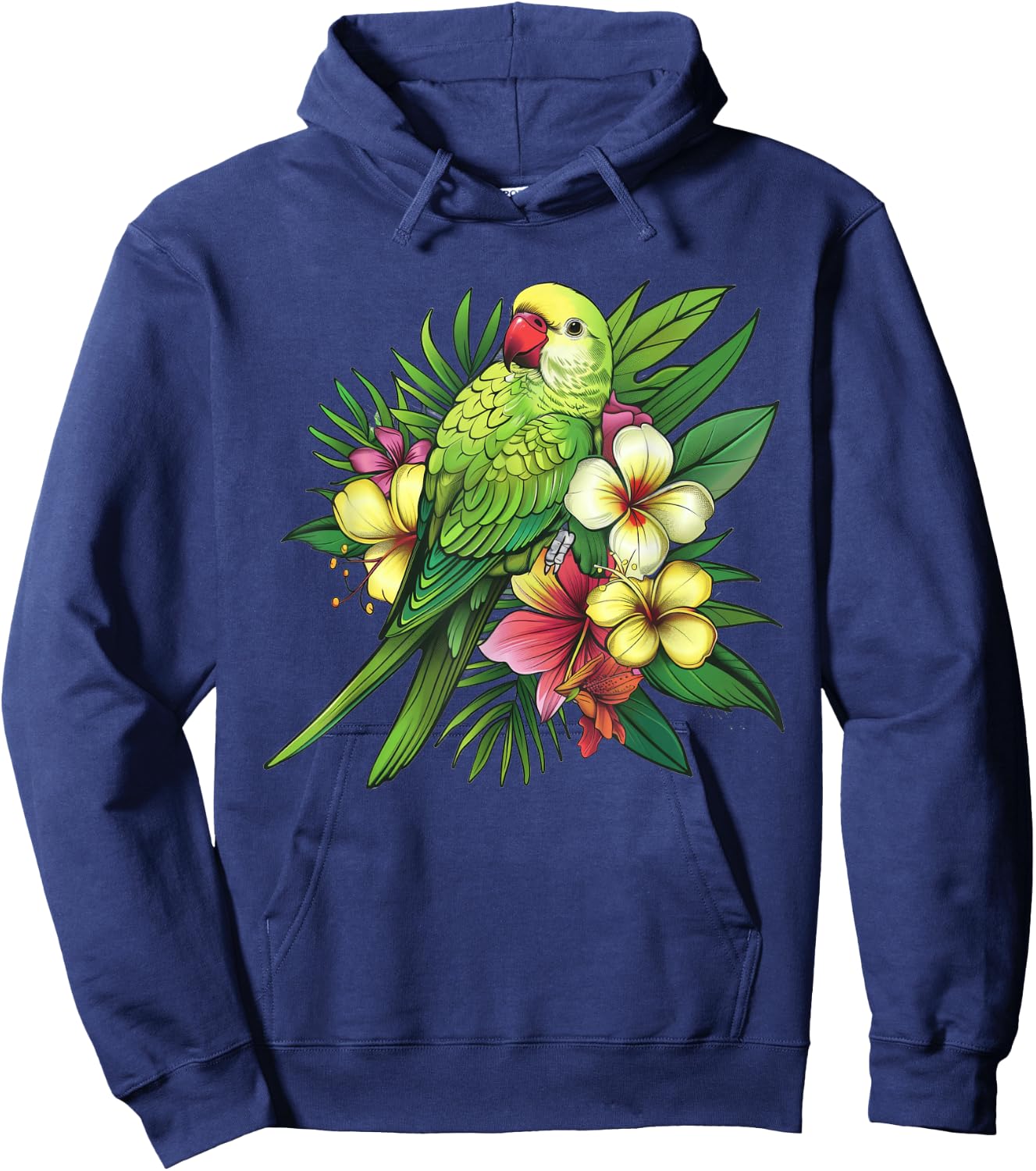 Monk Parakeet With Tropical Flowers Hoodie - Hoodie | Navy