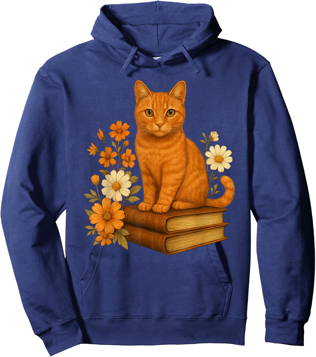 Cute Orange Cat Book Flowers Hoodie - Hoodie | Navy