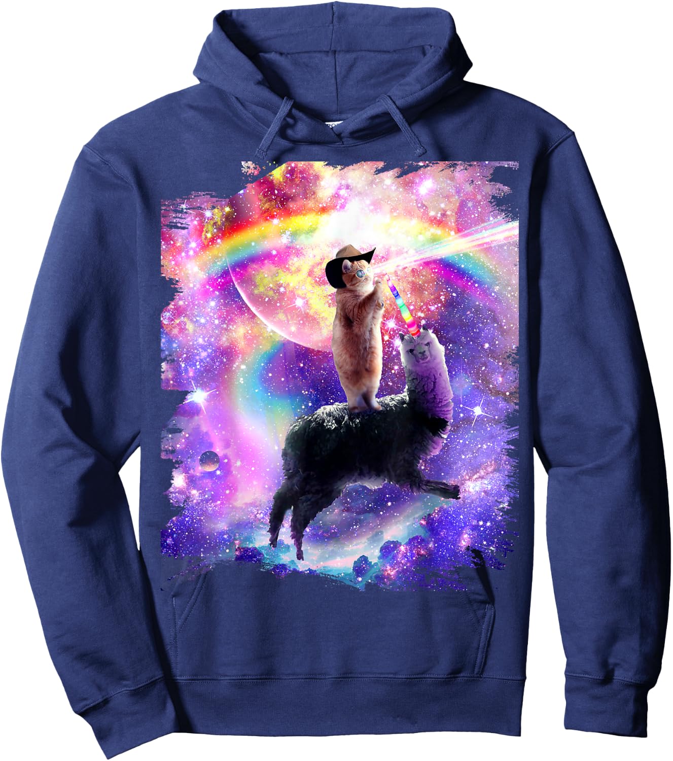 Laser Space Cat On Rainbow Galaxy Llama Unicorn Hoodie - Hoodie | Navy