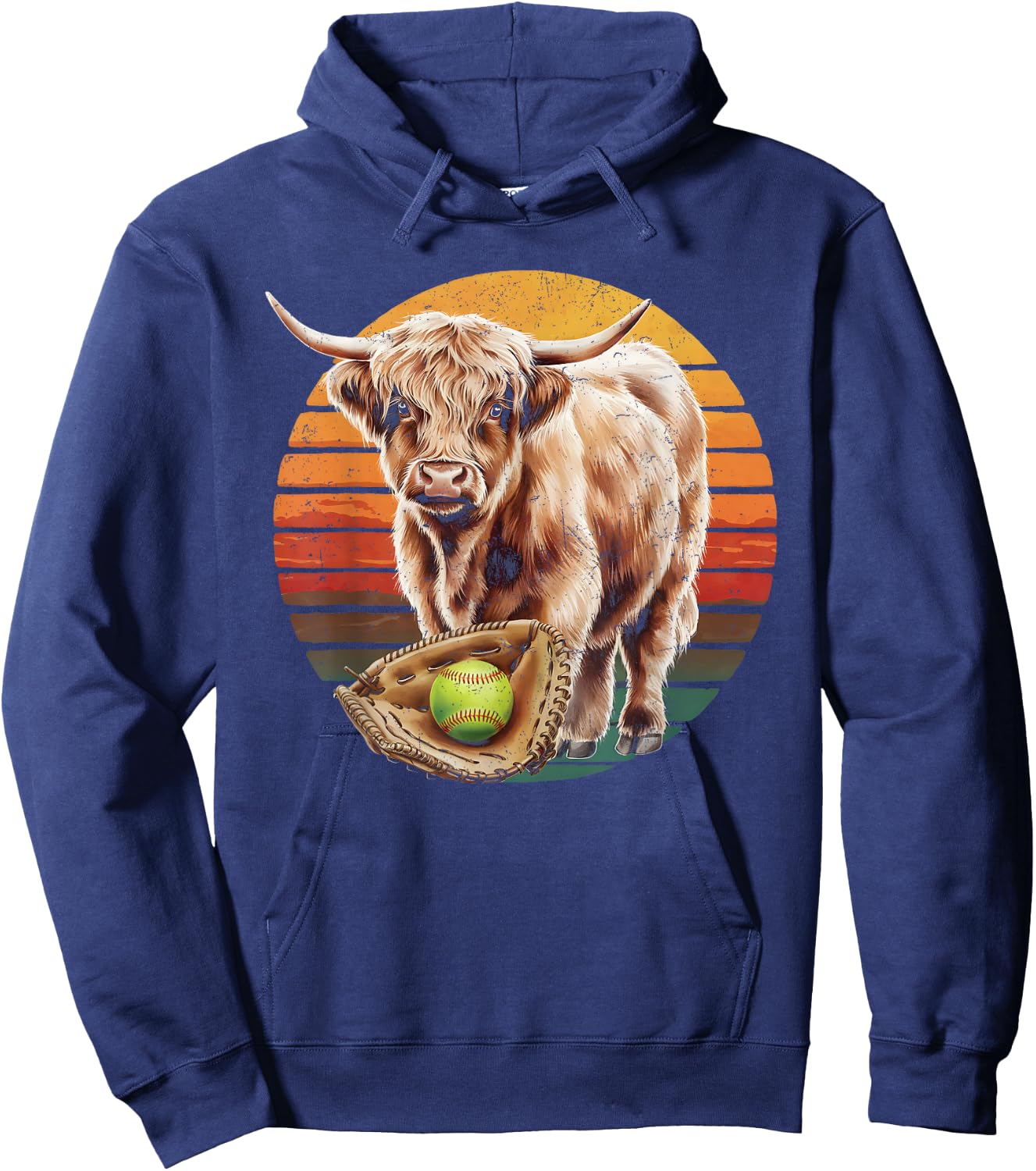 Highland Cow Softball Player Team Vintage Hoodie - Hoodie | Navy
