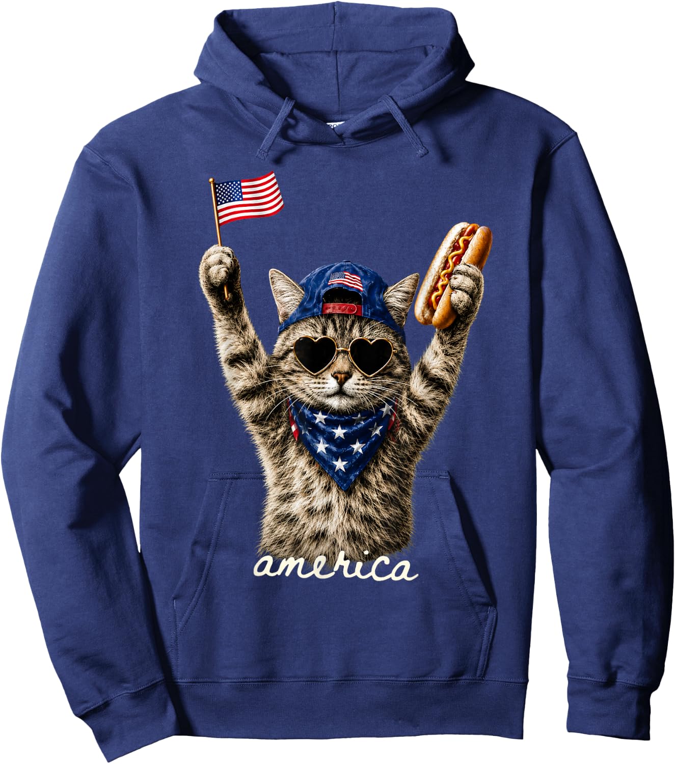 Patriotic Cat American Flag Hot Dog 4th of July Hoodie - Hoodie | Navy