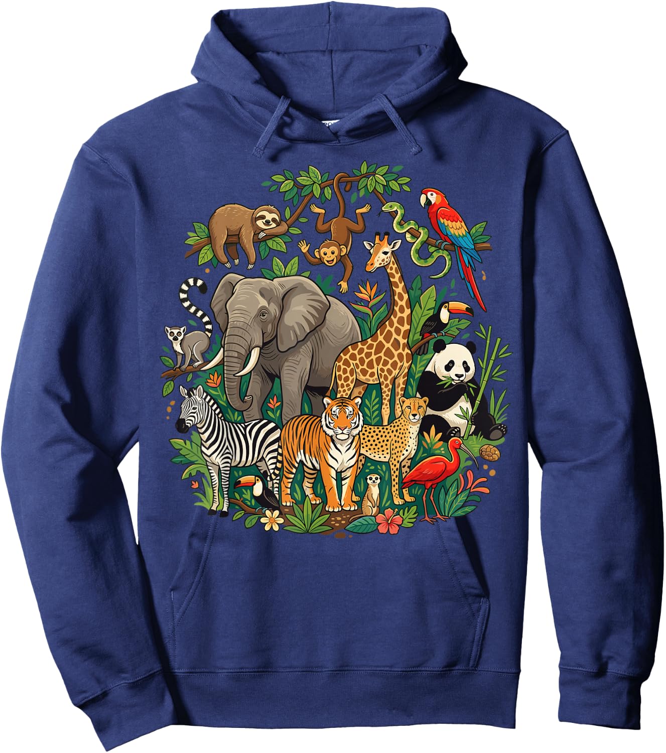 Jungle Safari Animals Cartoon Illustration Hoodie - Hoodie | Navy
