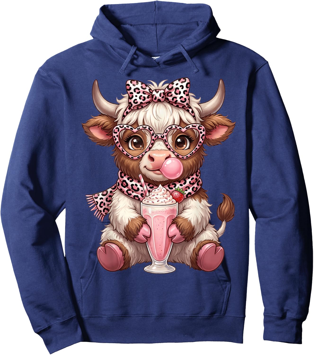 Scottish Highland Cow Eating Bubblegum Hoodie - Hoodie | Navy