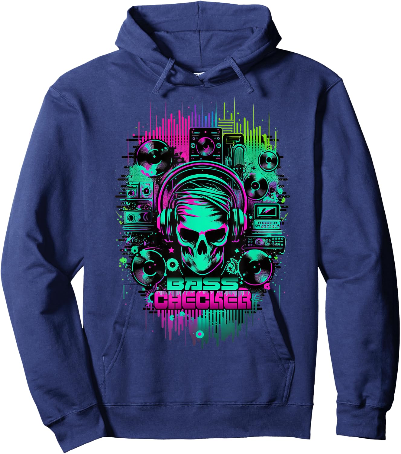 Techno Music Rave Festival Bass Checker , black Hoodie - Hoodie | Navy