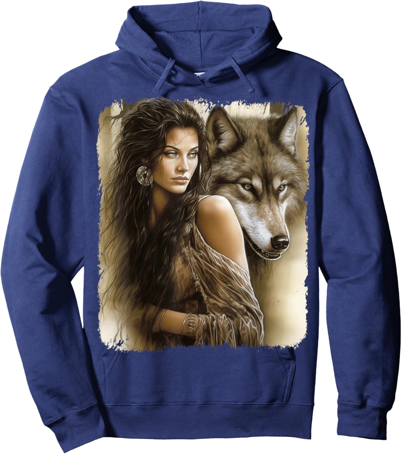 Woman and Grey Wolf Fantasy , black Hoodie - Hoodie | Navy