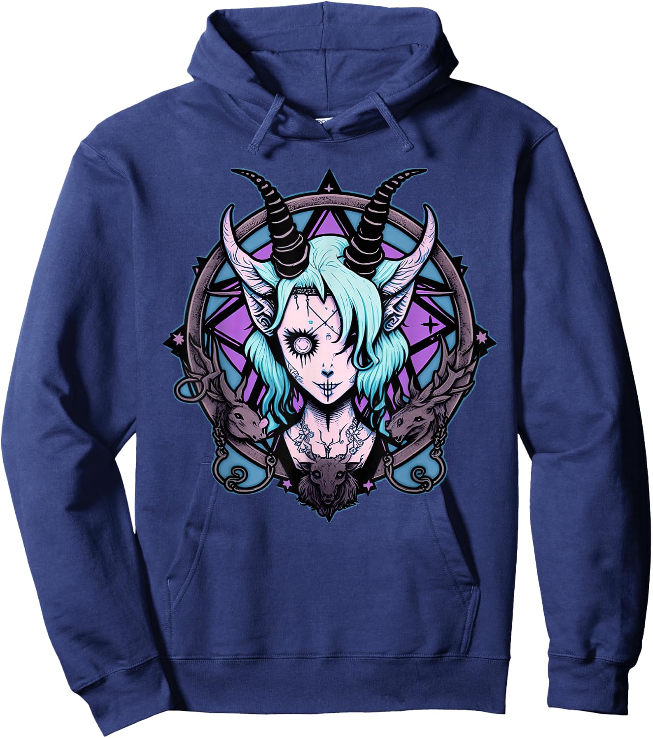 Kawaii Paste Scary Goat Pentacle Hoodie - Hoodie | Navy