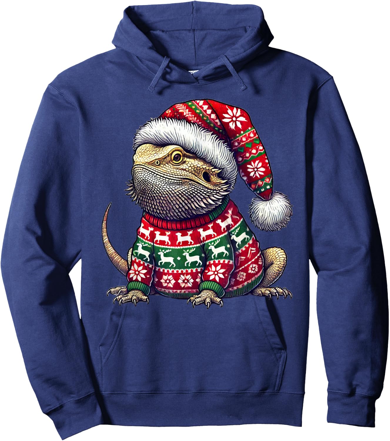 Bearded Dragon Ugly Sweater Santa Hat Christmas Hoodie - Hoodie | Navy