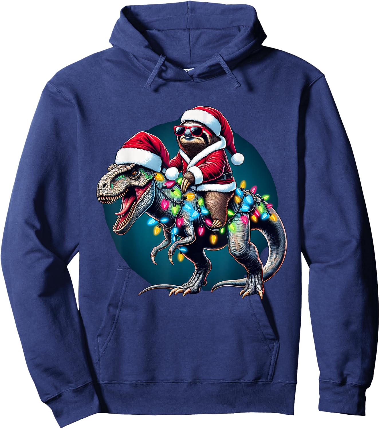 Christmas Lights Sloth Riding T Rex Hoodie - Hoodie | Navy