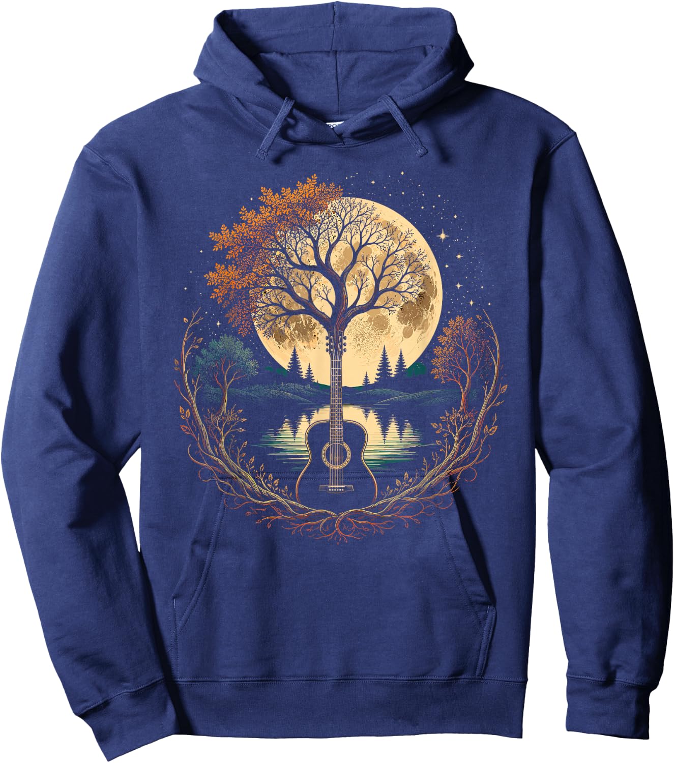Acoustic Guitar Tree By The Lake Autumn Moon Hoodie - Hoodie | Navy