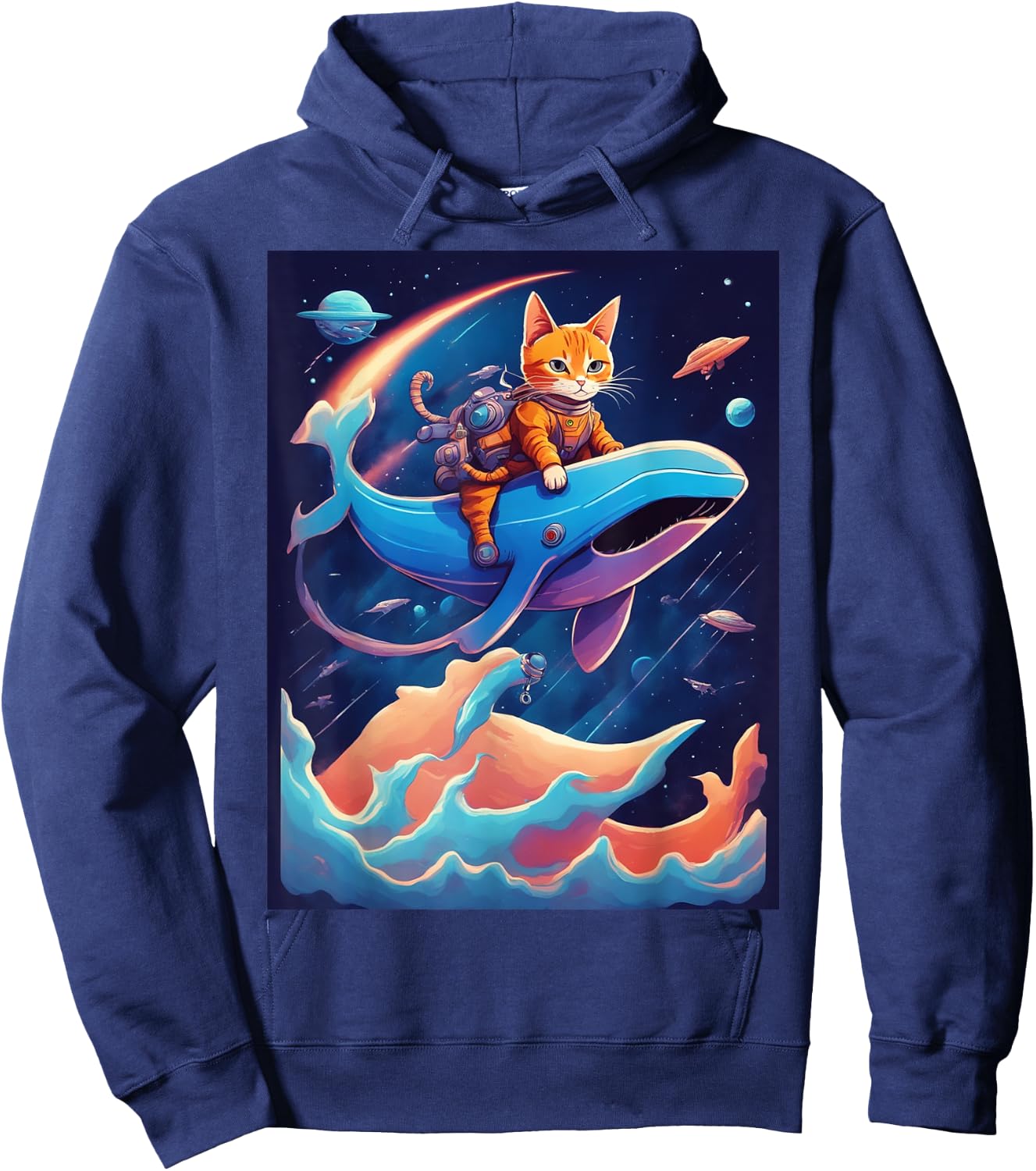 Cat Riding a Whale Fantasy Scene Hoodie - Hoodie | Navy