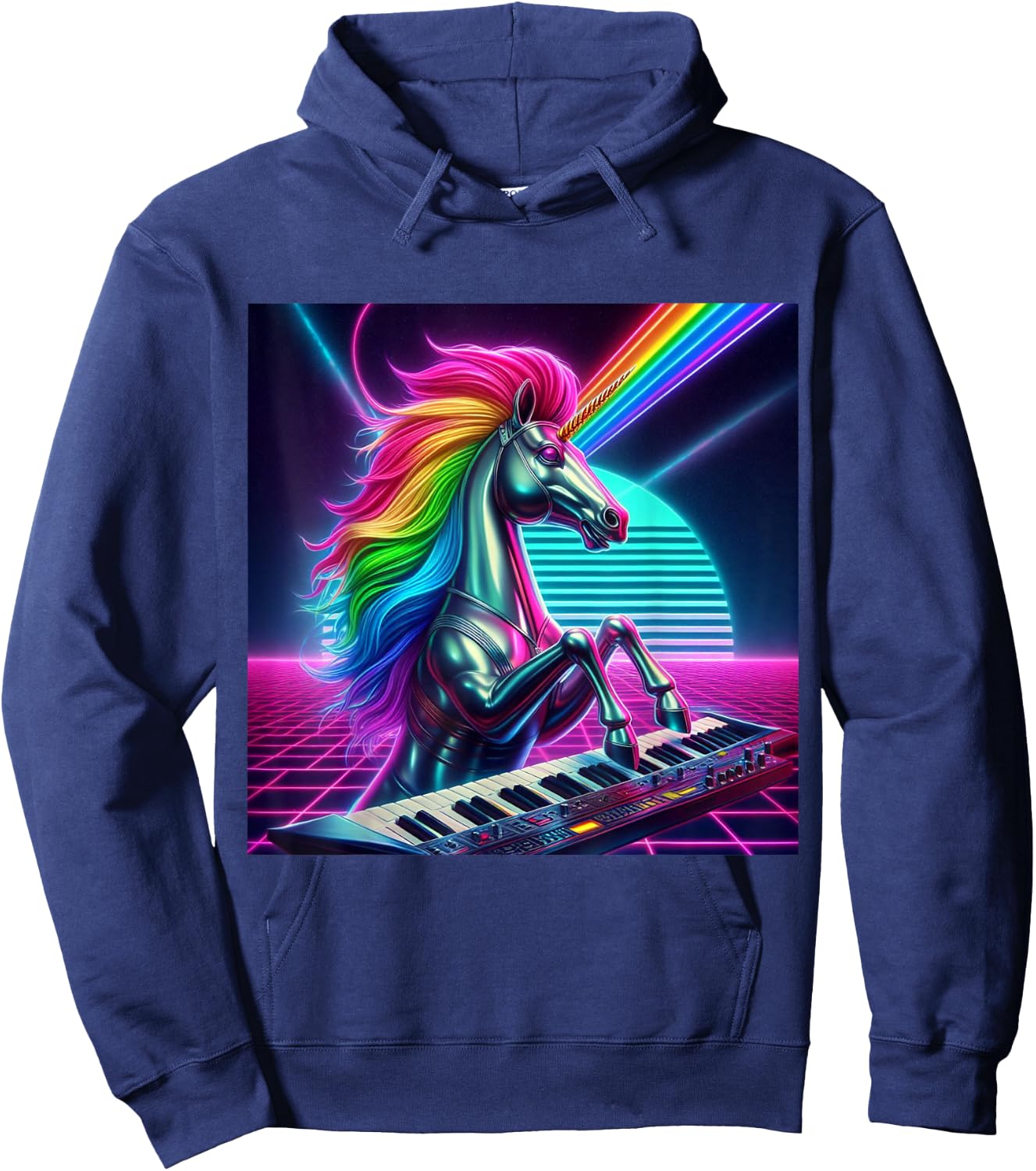 1980s Retro Chrome unicorn Hoodie - Hoodie | Navy
