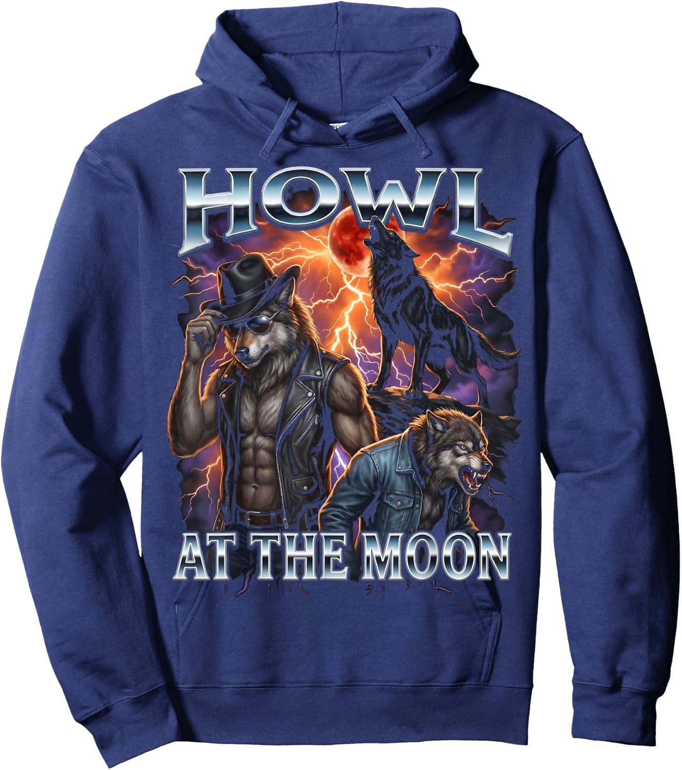 Howl At The Moon Cowboy Biker Werewolf Hoodie - Hoodie | Navy