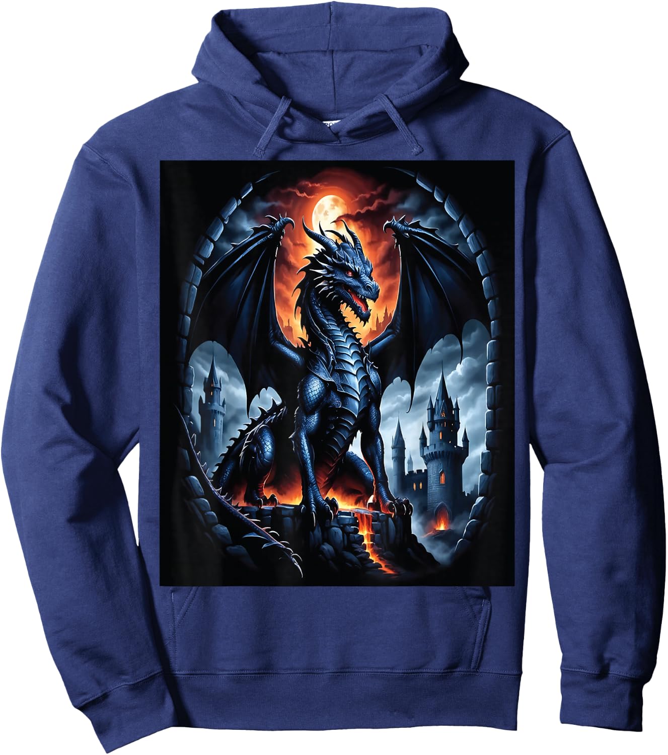 Drache Vollmond Schloss Feuer Fantasy Kunst Hoodie - Hoodie | Navy