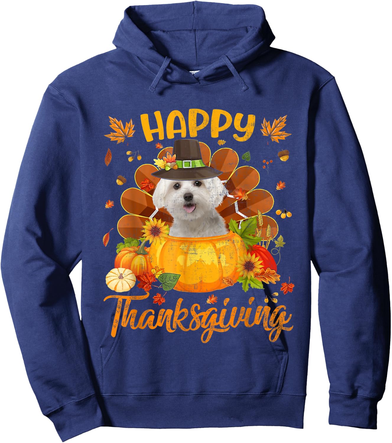 Happy Thanksgiving Maltese Dog Turkey Pumpkin Hoodie - Hoodie | Navy