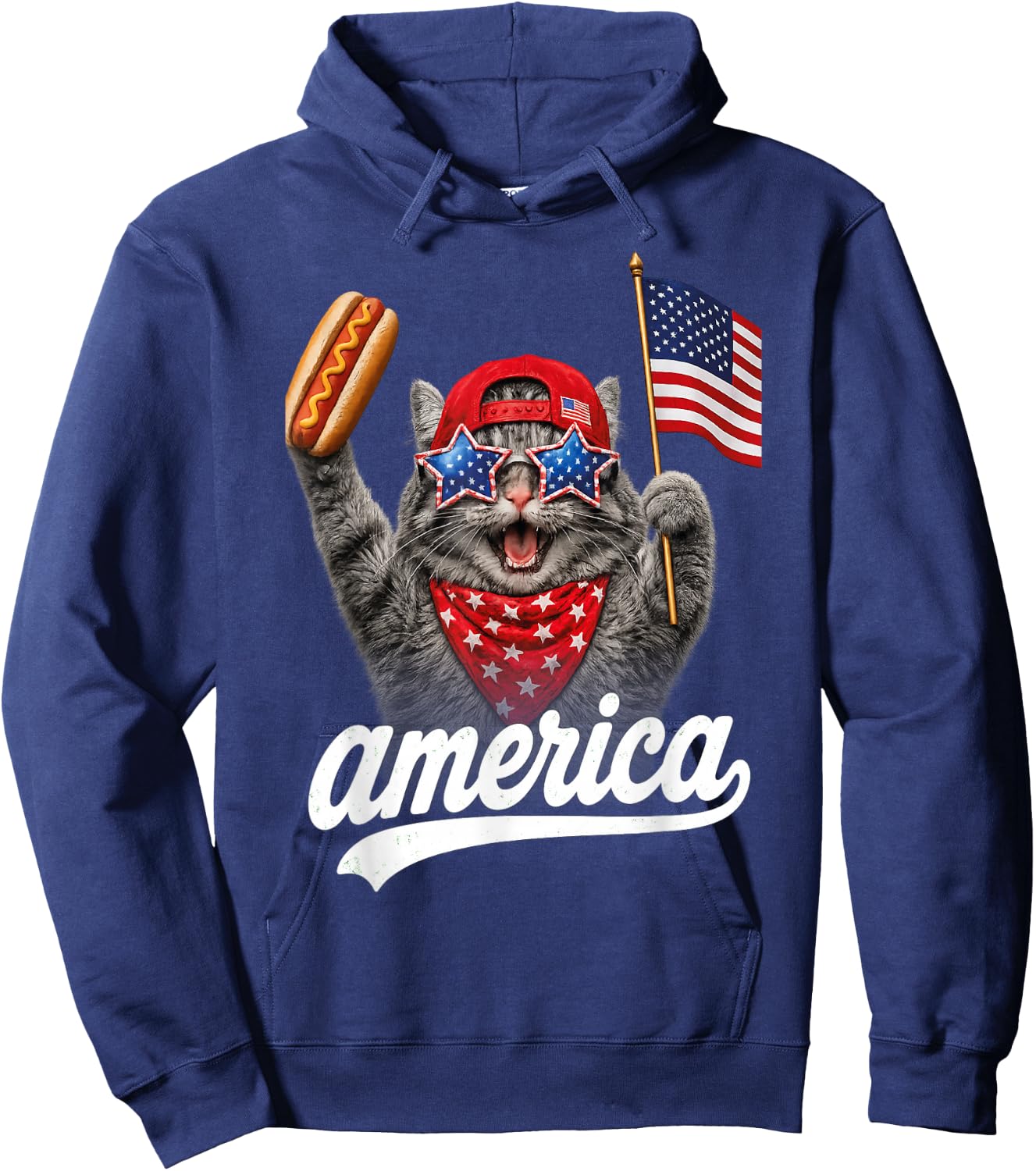 Funny Cat & Hot Dog Patriotic Cat USA Flag Hoodie - Hoodie | Navy