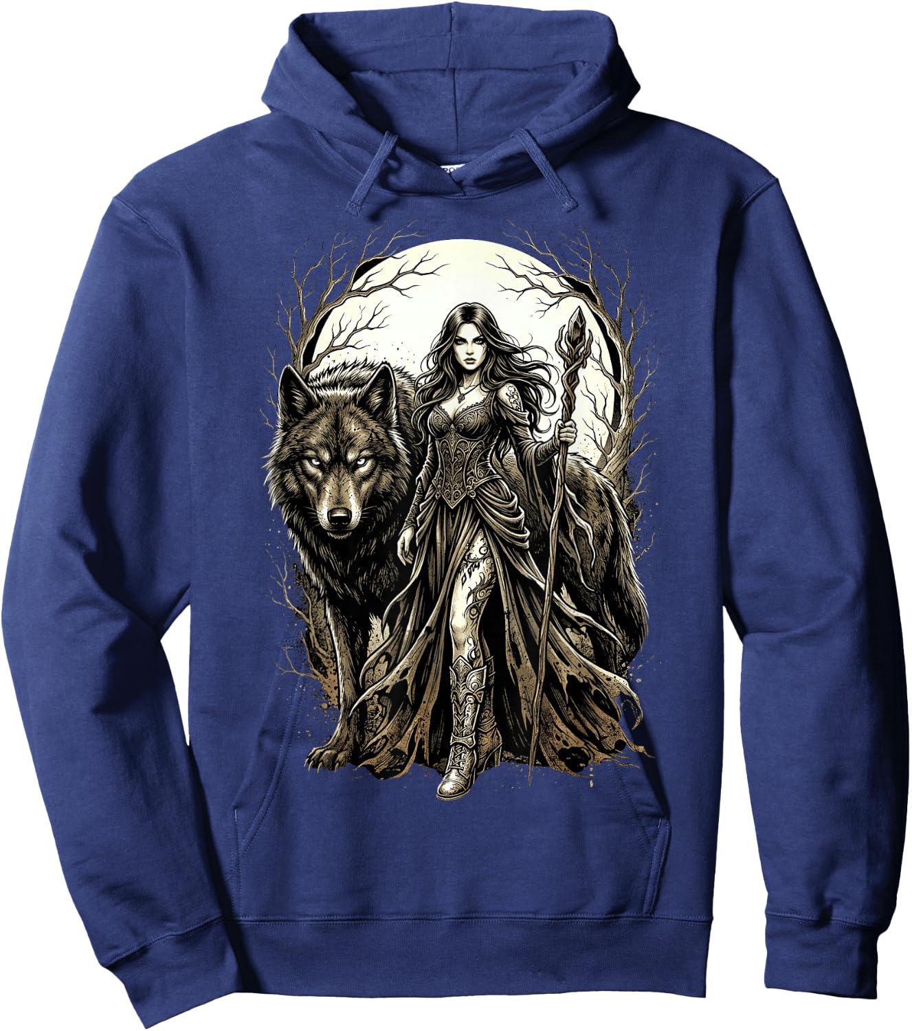Fantasy Kriegerin Wolf Vollmond Gothic Motiv Hoodie - Hoodie | Navy