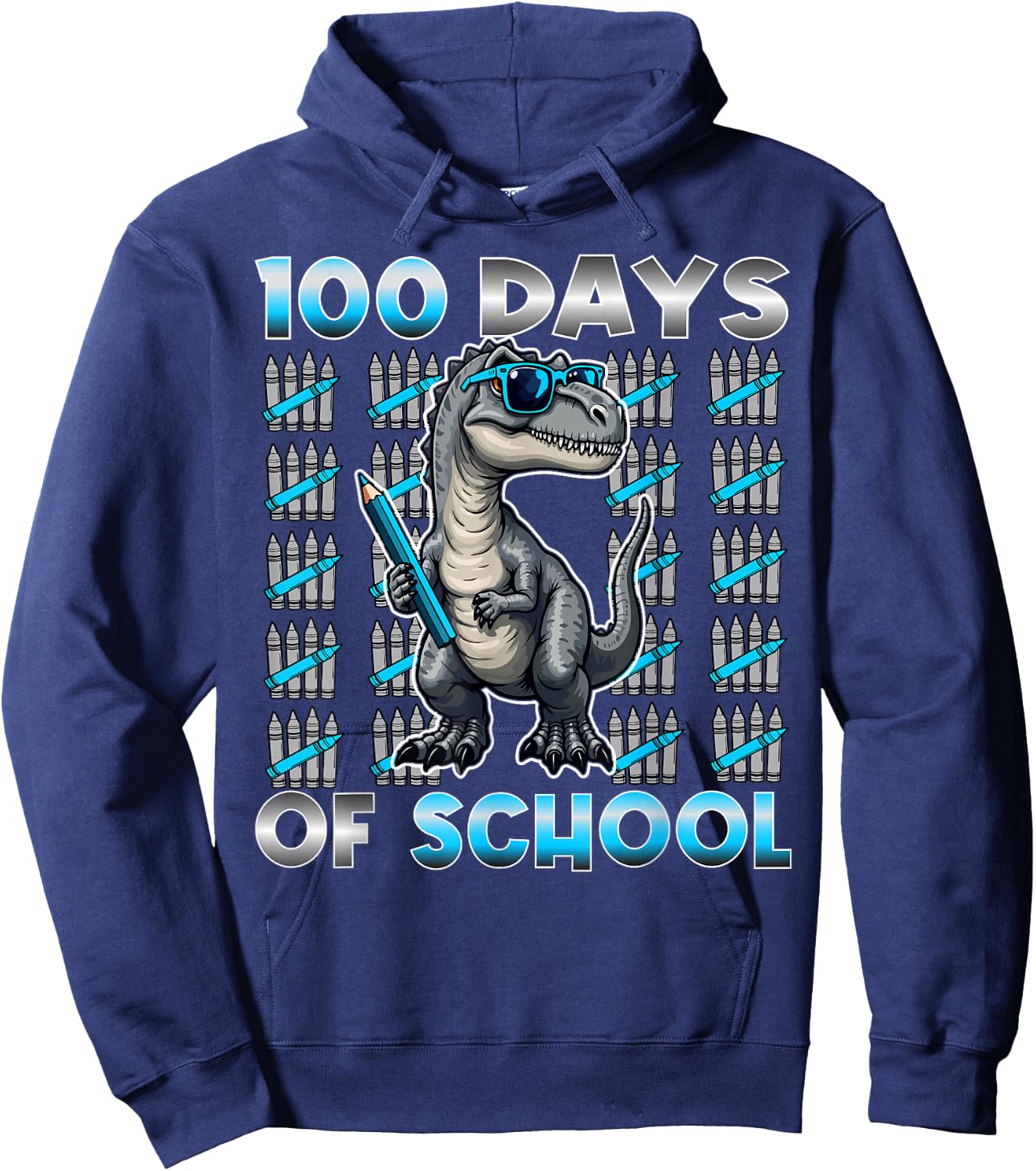 Dinosaur T Rex 100 Days of School Apparel 100 Days Smarter Kids -Kids Black Small Modern Straight Fit Cotton with Cartoon Dinosaur Pattern Short Sleeve Hoodie - Hoodie | Navy
