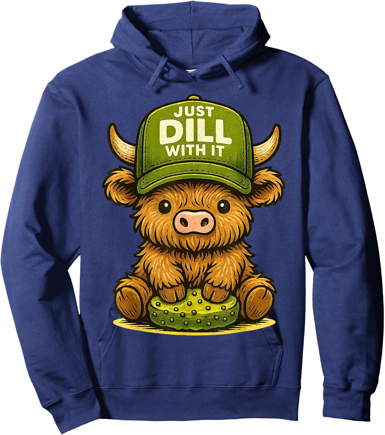 Just Dill with It Highland Cow Pickle Pun Retro Hoodie - Hoodie | Navy