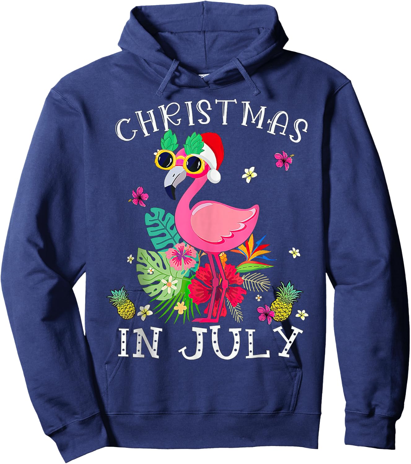 Christmas in July Pink Flamingo Hawaii Hoodie - Hoodie | Navy