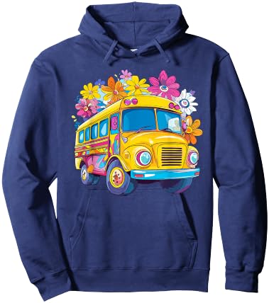 Retro Flower Power Bus With Colorful Blooms Hoodie - Hoodie | Navy