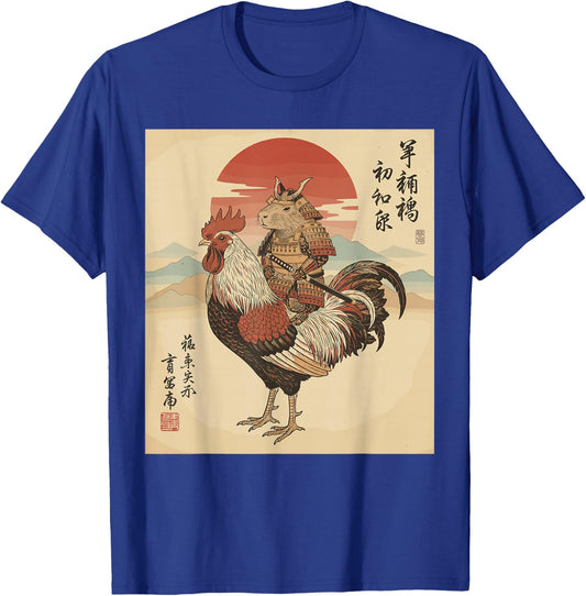 Vintage Japanese Art Shirt, Cool Capybara Riding Rooster T-Shirt - T-Shirt | Royal