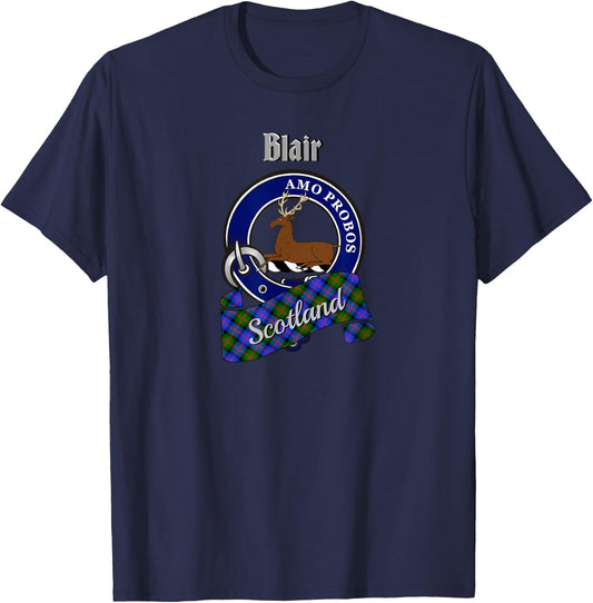 Blair Scottish Clan Badge & Tartan T-Shirt - T-Shirt | Navy