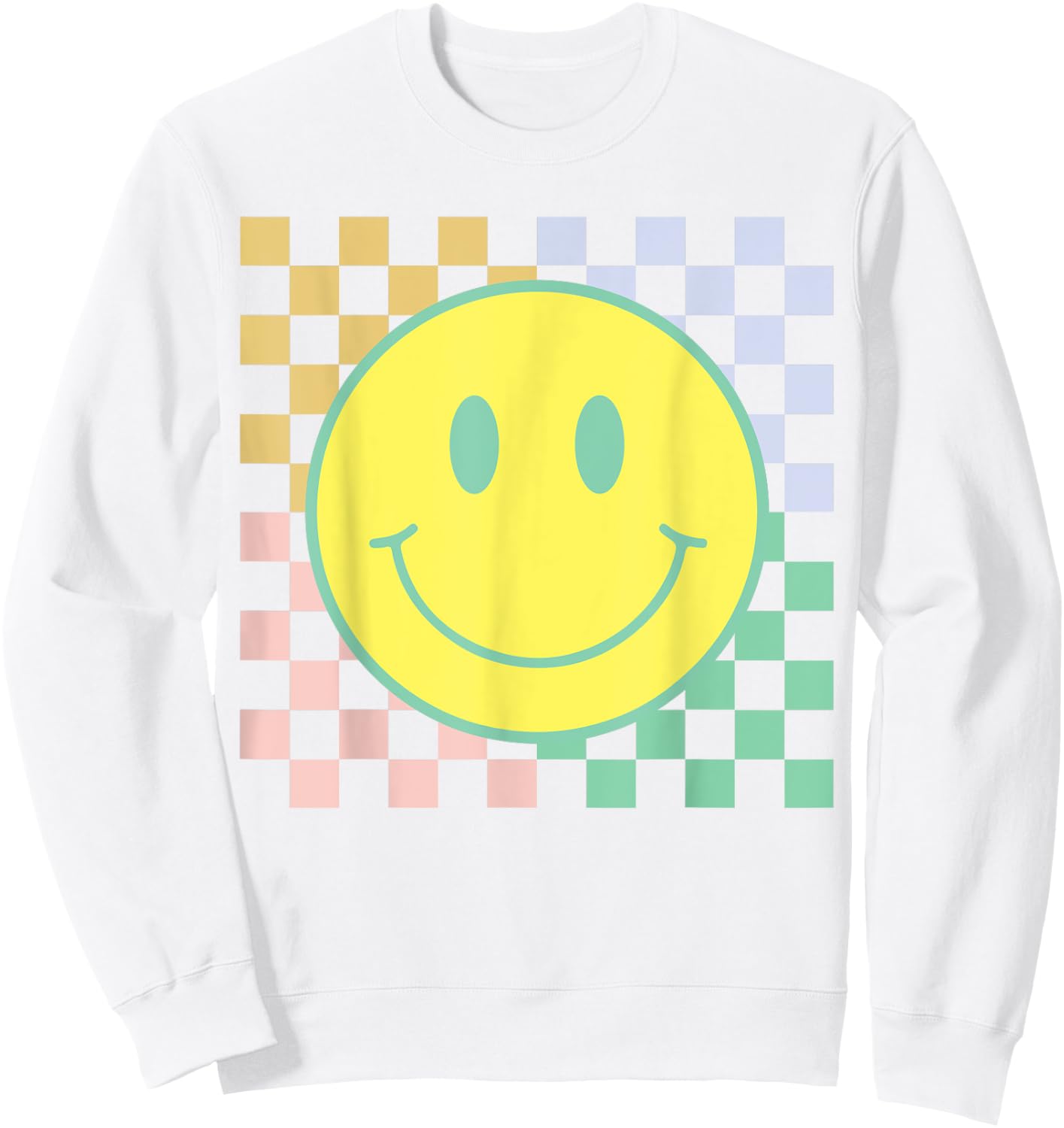 Retro Happy Face Shirt Checkered Pattern Smile Face Trendy Sweatshirt - Sweatshirt | White