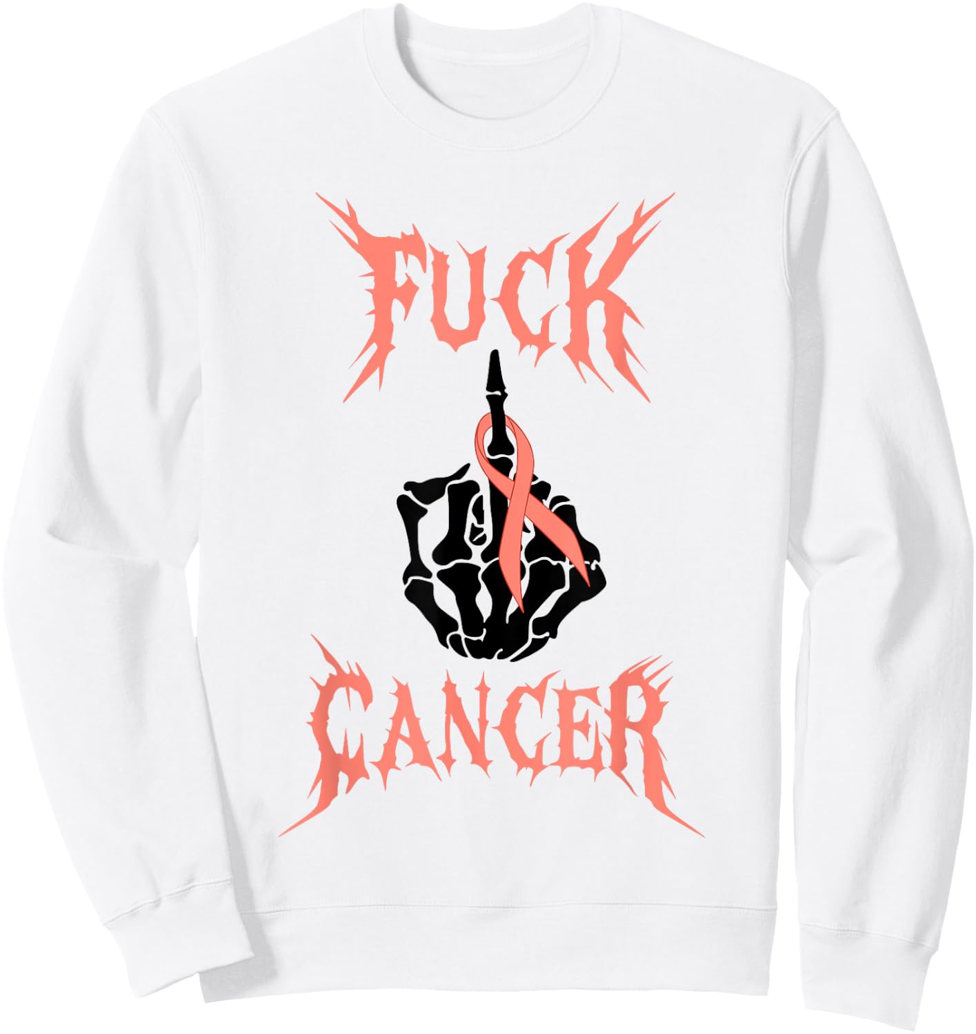 Fuck Cancer Rock Tattoos Warrior Peach Ribbon Uterine Cancer Sweatshirt - Sweatshirt | White