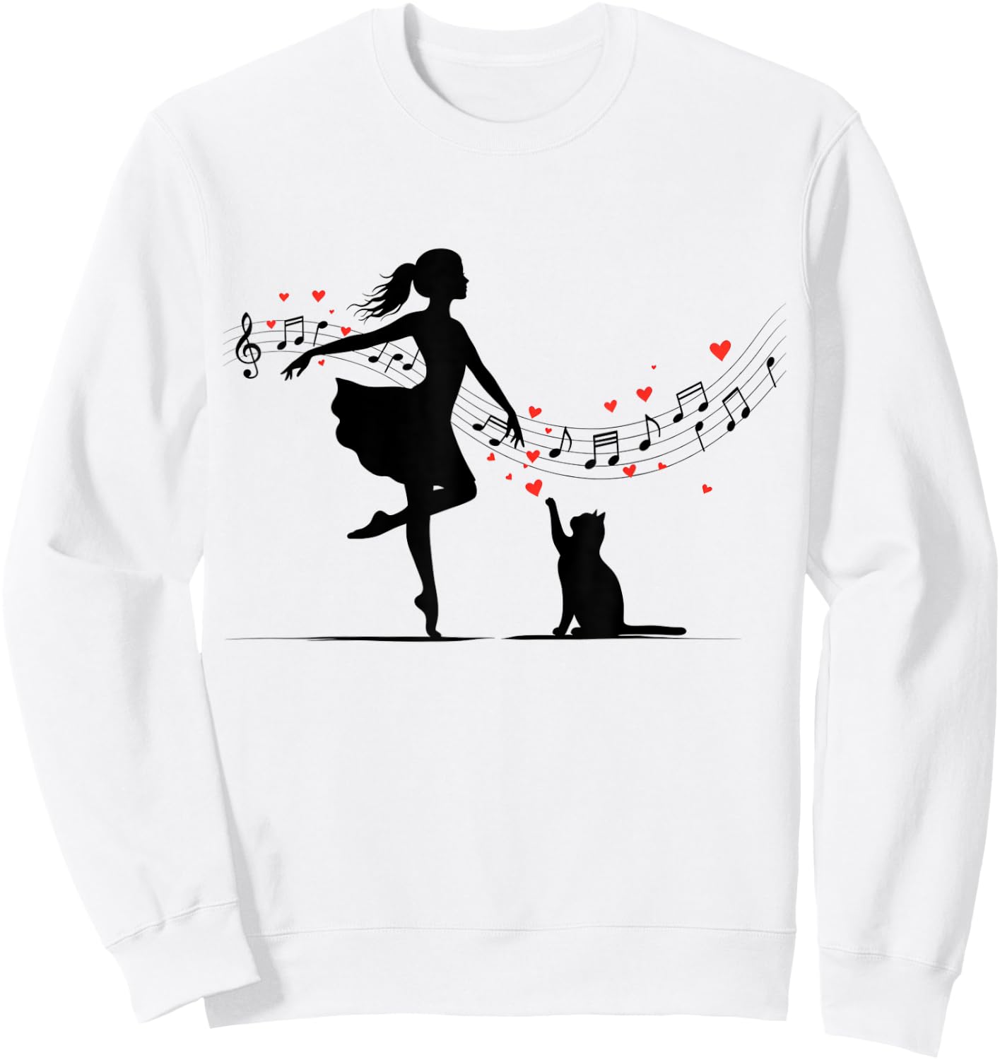 Cute Girl And Cat Dance With Musical Notes And Hearts Sweatshirt - Sweatshirt | White