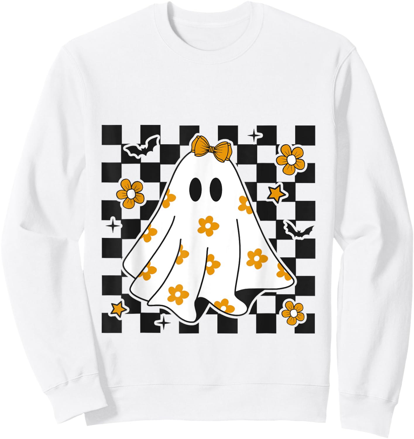 Checkered Ghost Daisy Flower Ghost Halloween Costume Sweatshirt - Sweatshirt | White