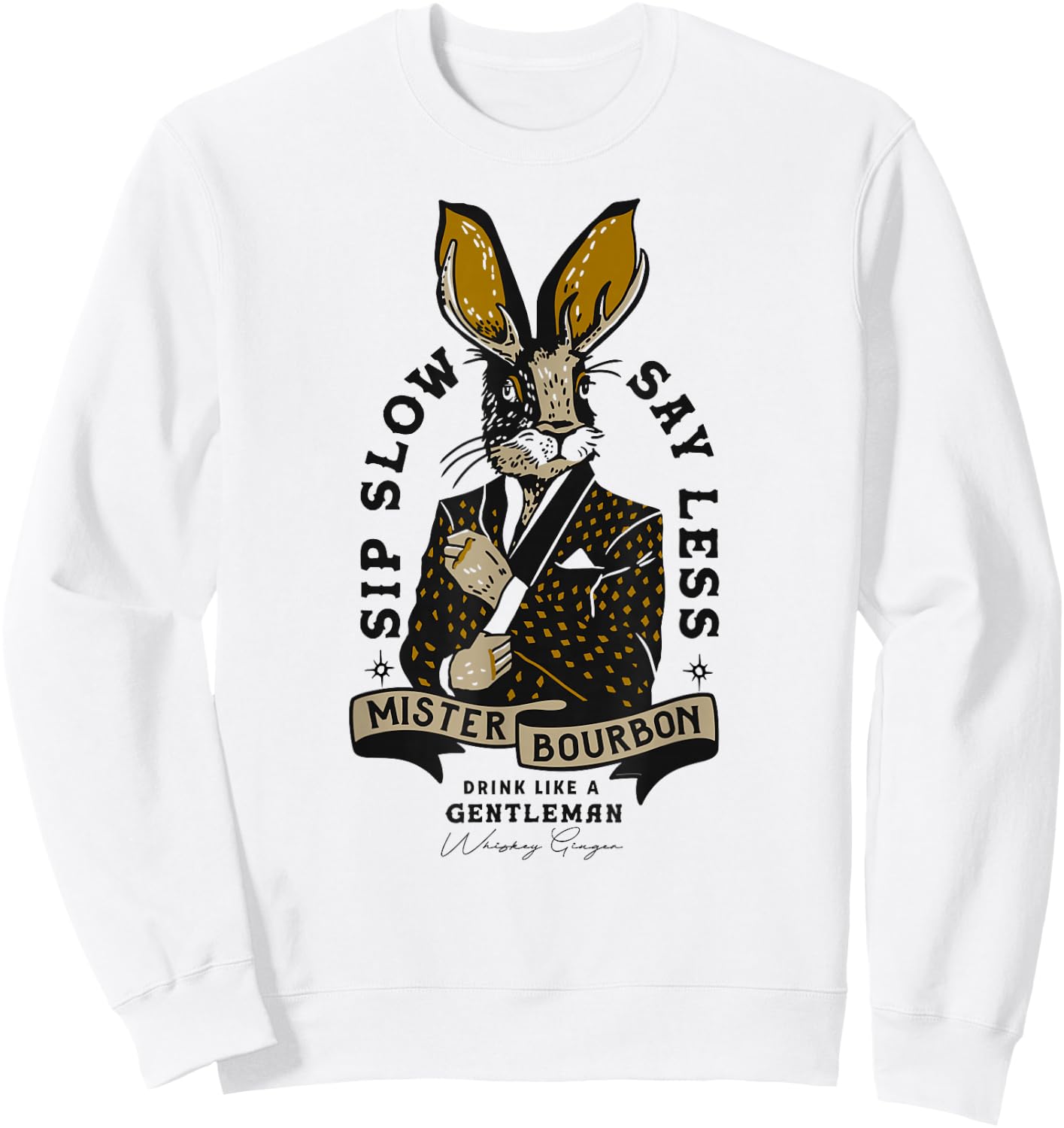 Mister Bourbon Whiskey Jackalope: Funny Smoking Jacket Bunny Sweatshirt - Sweatshirt | White