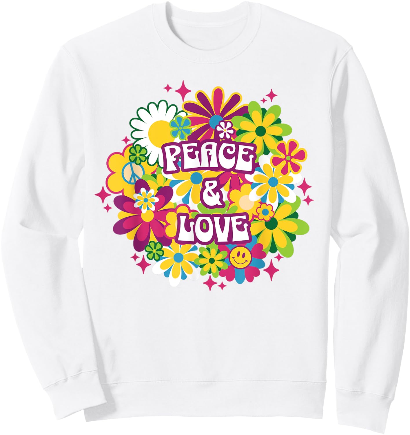 Peace Love 70s Retro Floral Happy Face Flower Groovy Women's , Blue, S Sweatshirt - Sweatshirt | White