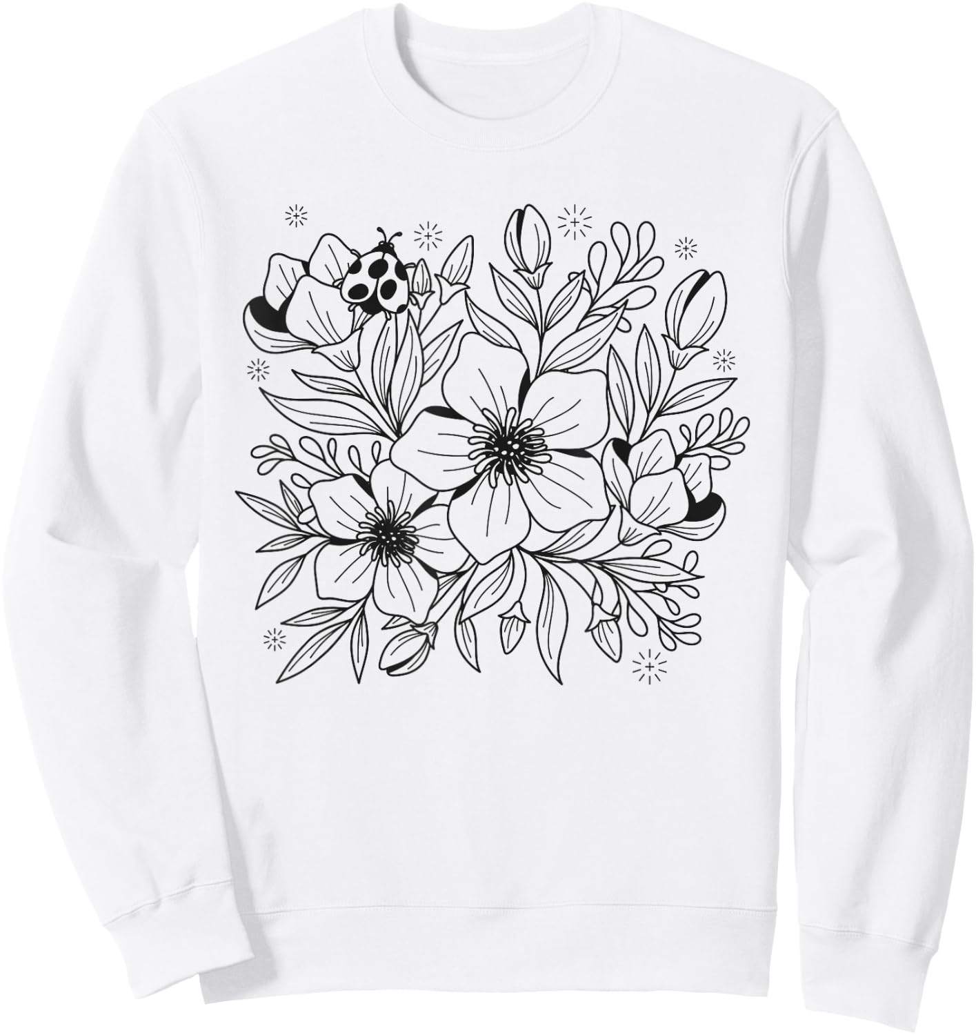Adult Coloring Book Flowers and Ladybug Sweatshirt - Sweatshirt | White