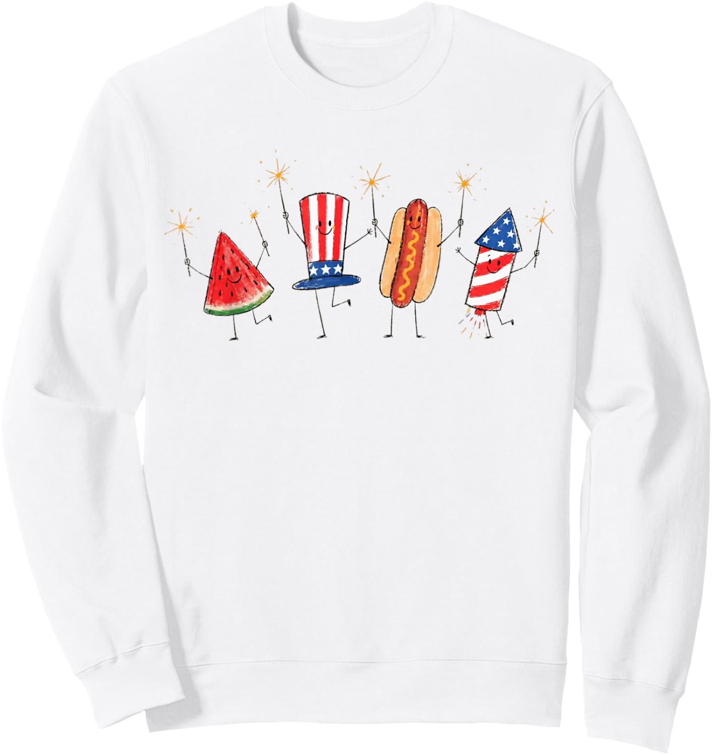 Patriotic Doodle Fourth of July Watermelon Hot Dog Firework Sweatshirt - Sweatshirt | White