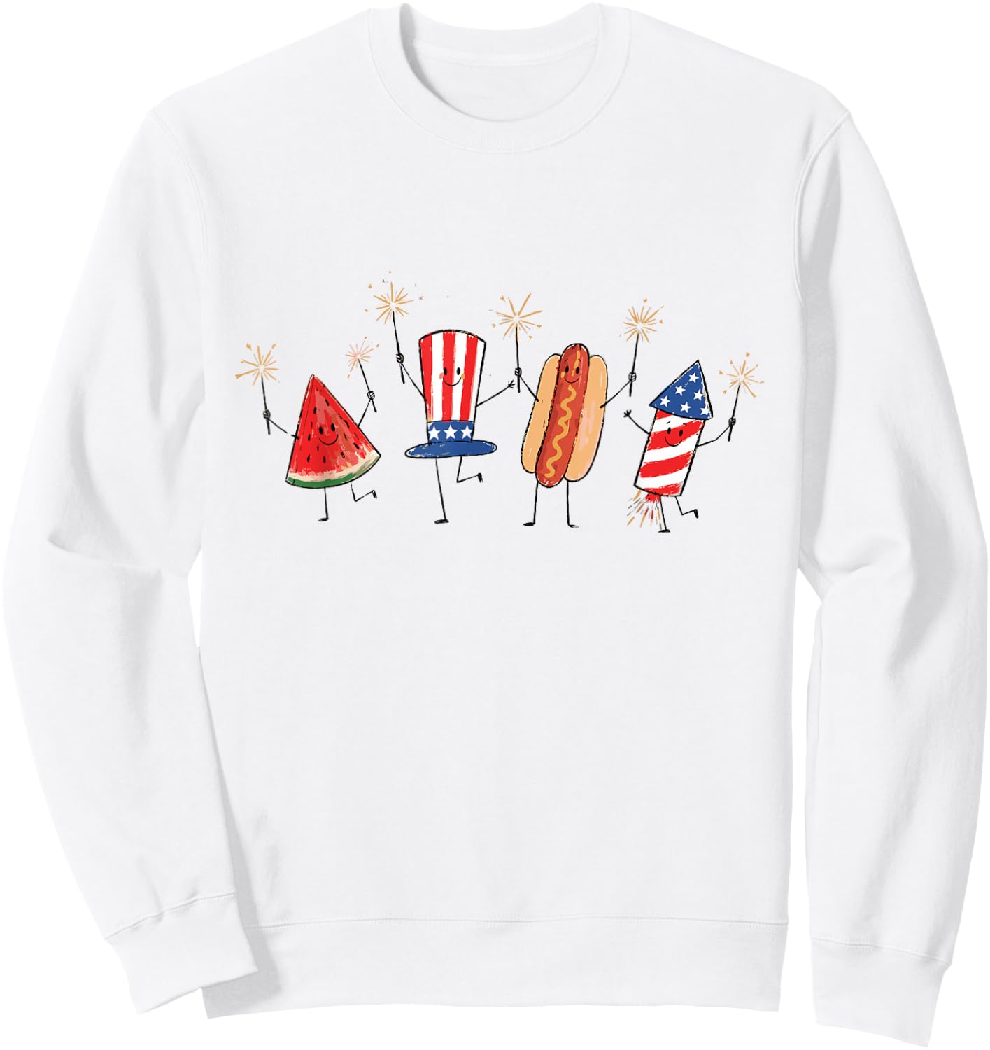 Retro American Watermelon Hotdog Firework Rocket 4th of July Sweatshirt - Sweatshirt | White