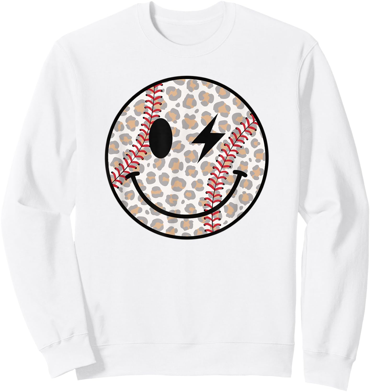 Cute Baseball Happy Face Leopard Smile Face Smiling Baseball Sweatshirt - Sweatshirt | White