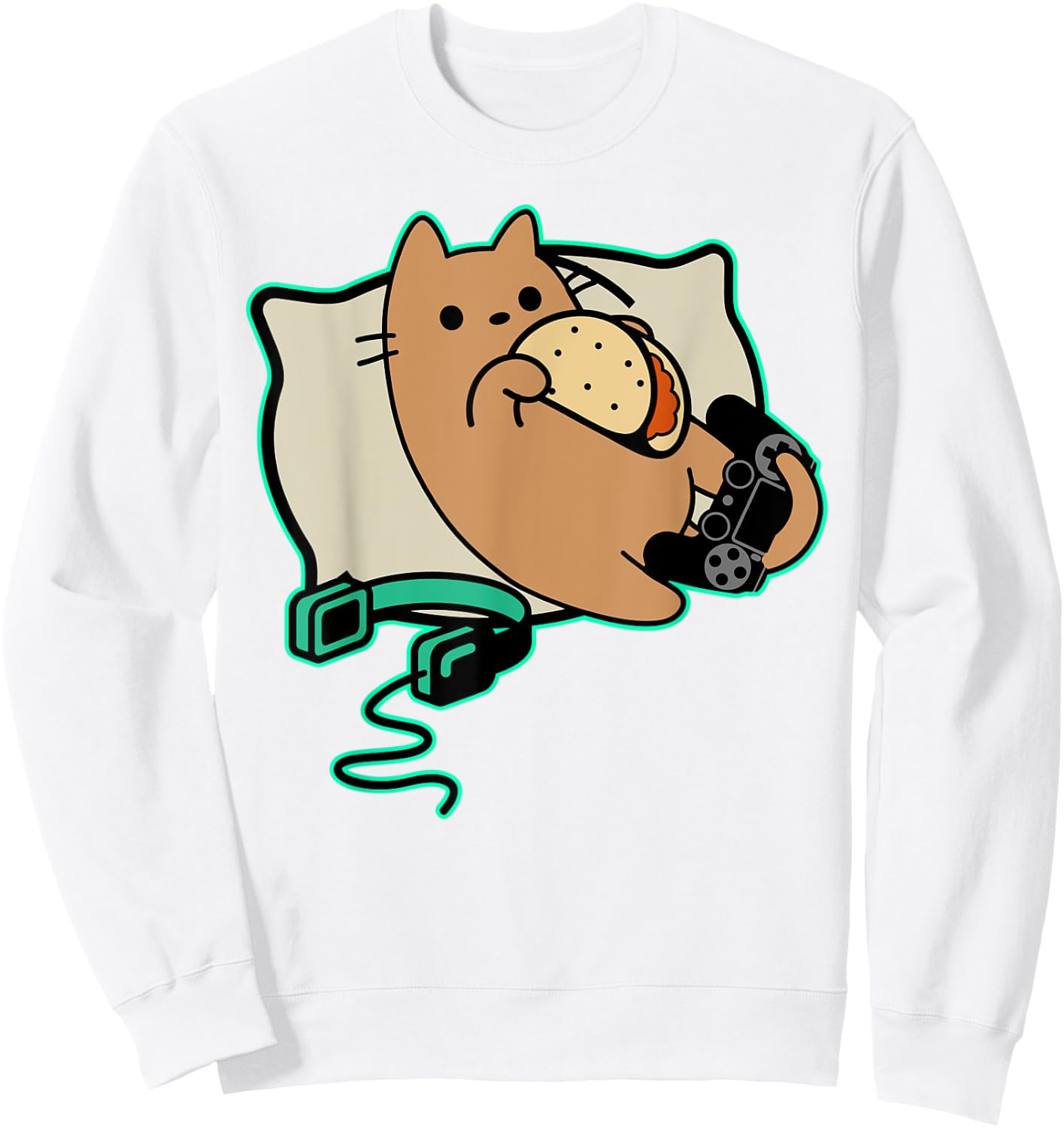 Nerdy Gamer Cat Eating Tacos Game Paused Sweatshirt - Sweatshirt | White