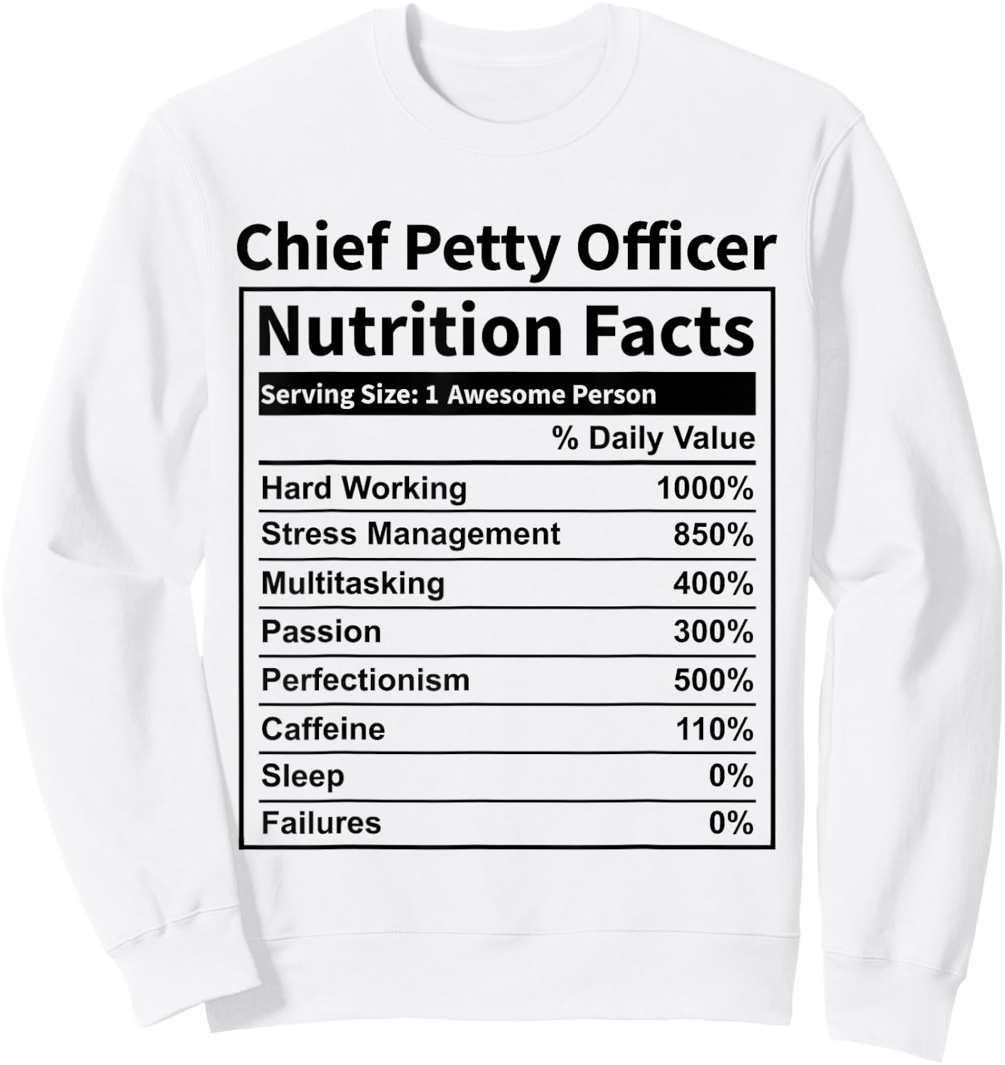 CPO Chief Petty Officer Nutrition Facts Funny Women Sweatshirt - Sweatshirt | White