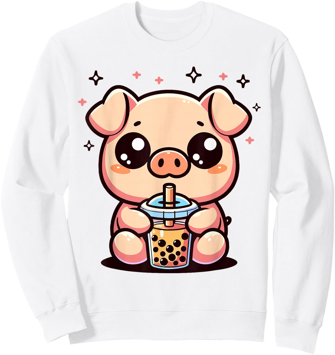Cute Kawaii Cartoon Pig Drinking Bubble Tea Boba Tapioca Sweatshirt - Sweatshirt | White