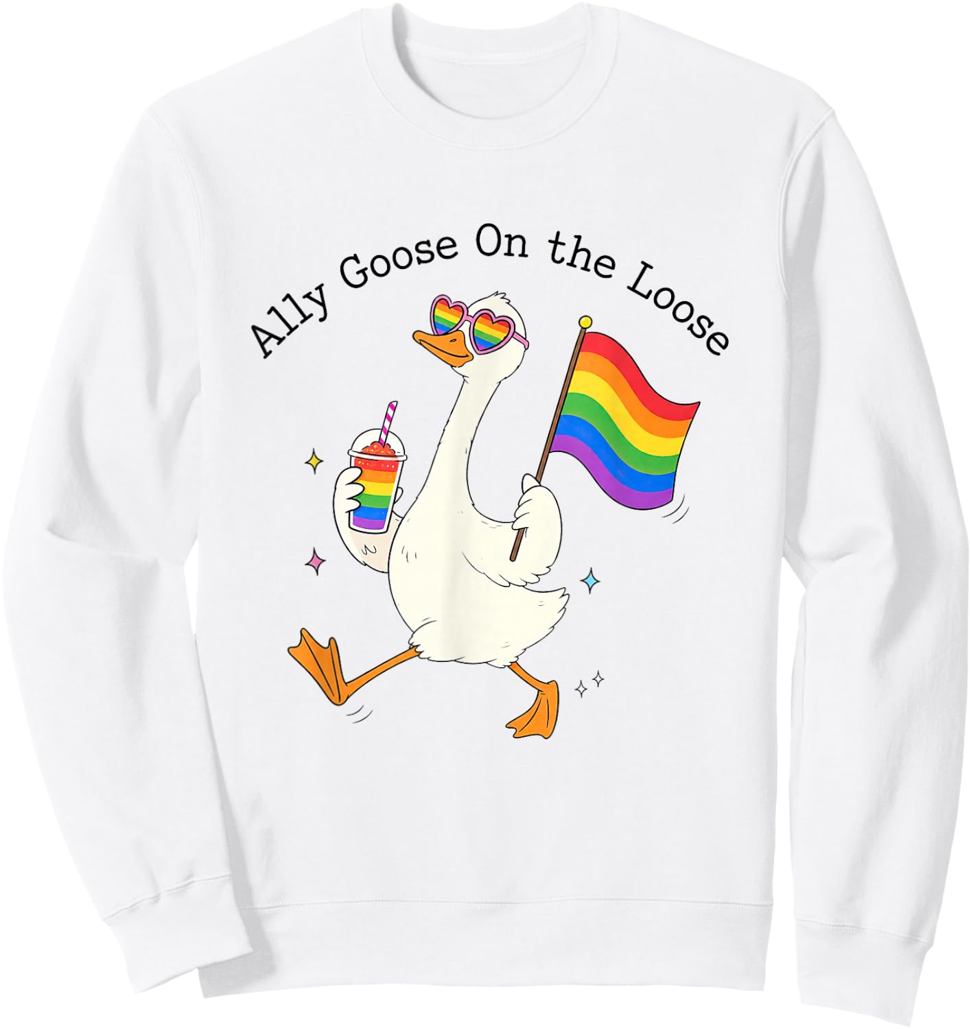 Ally Goose On-the-Loose Rainbow Flag Funny LGBTQ Pride Month Sweatshirt - Sweatshirt | White
