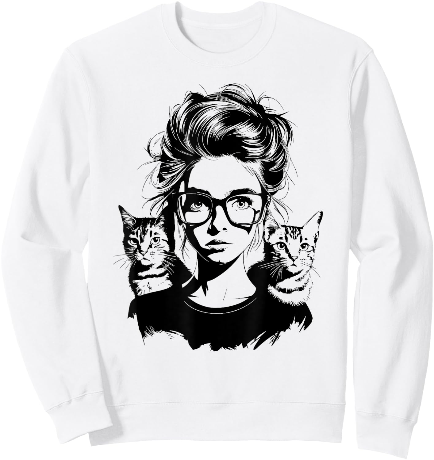 Cute Cat Silhouette Woman Girl with Two Cats Sweatshirt - Sweatshirt | White