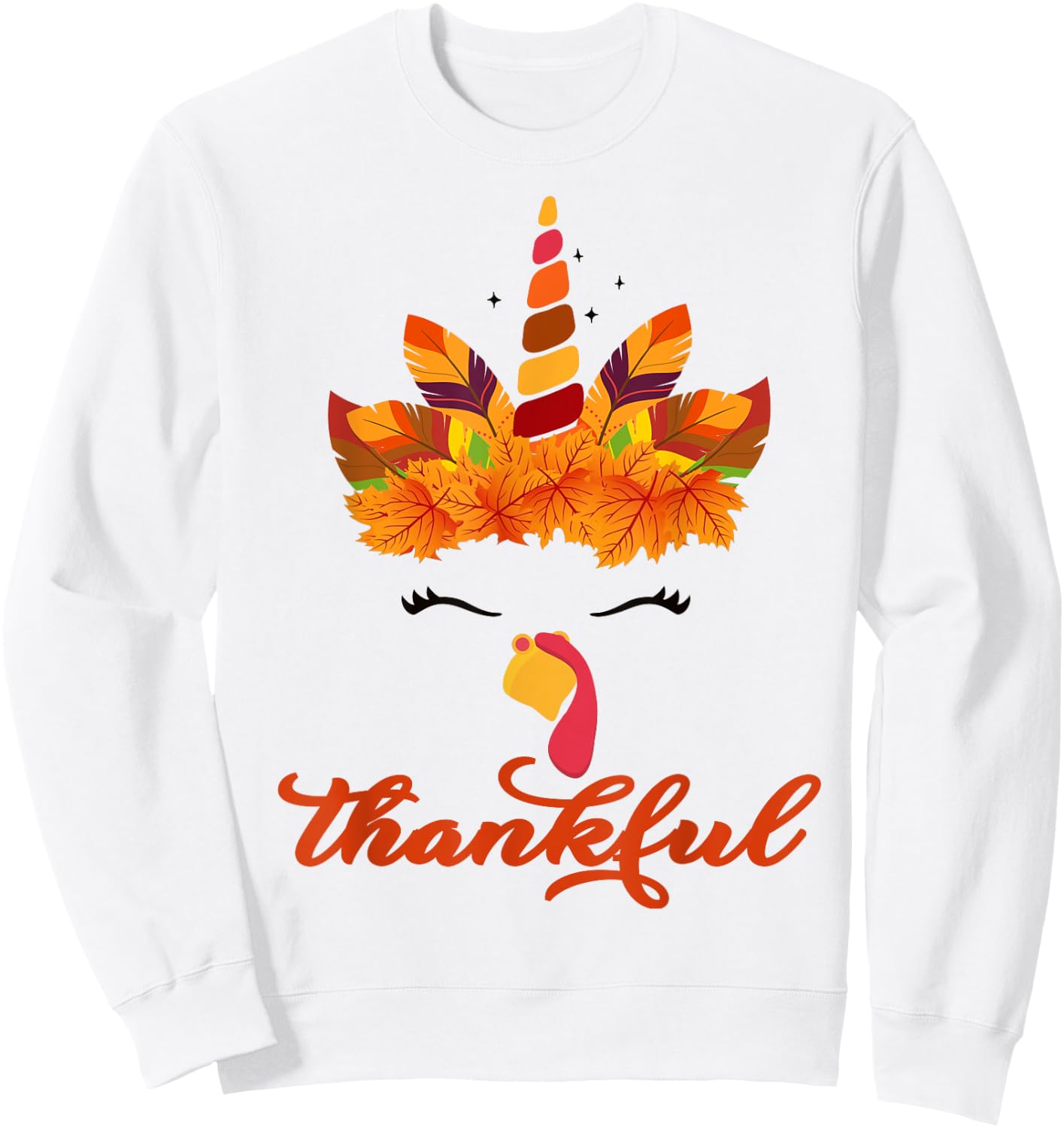 Thankful Unicorn Turkey Face Thanksgiving Outfit Girl Kids Sweatshirt - Sweatshirt | White