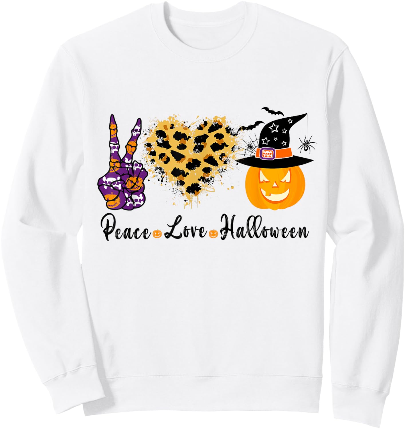 Peace Love Halloween Leopard Heart Halloween Pumpkin Sweatshirt - Sweatshirt | White