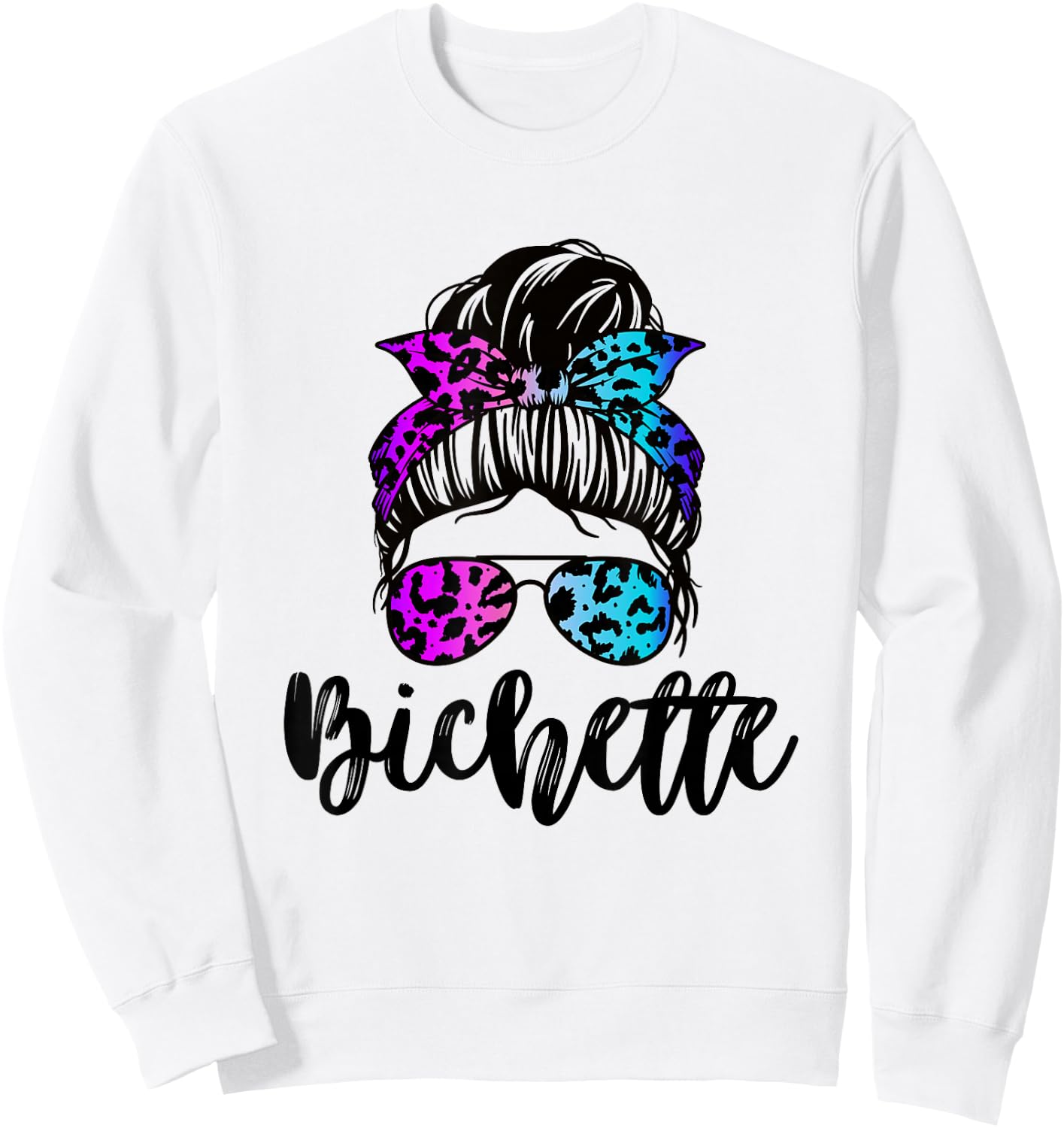 Bichette nickname messy bun leopard gift girl woman couple , white, S Sweatshirt - Sweatshirt | White